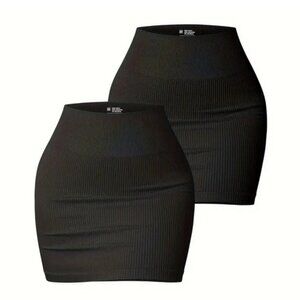 2-Pack Women's Stretchy Ribbed Casual High Waist Mini Skirts - Size L Black NWT